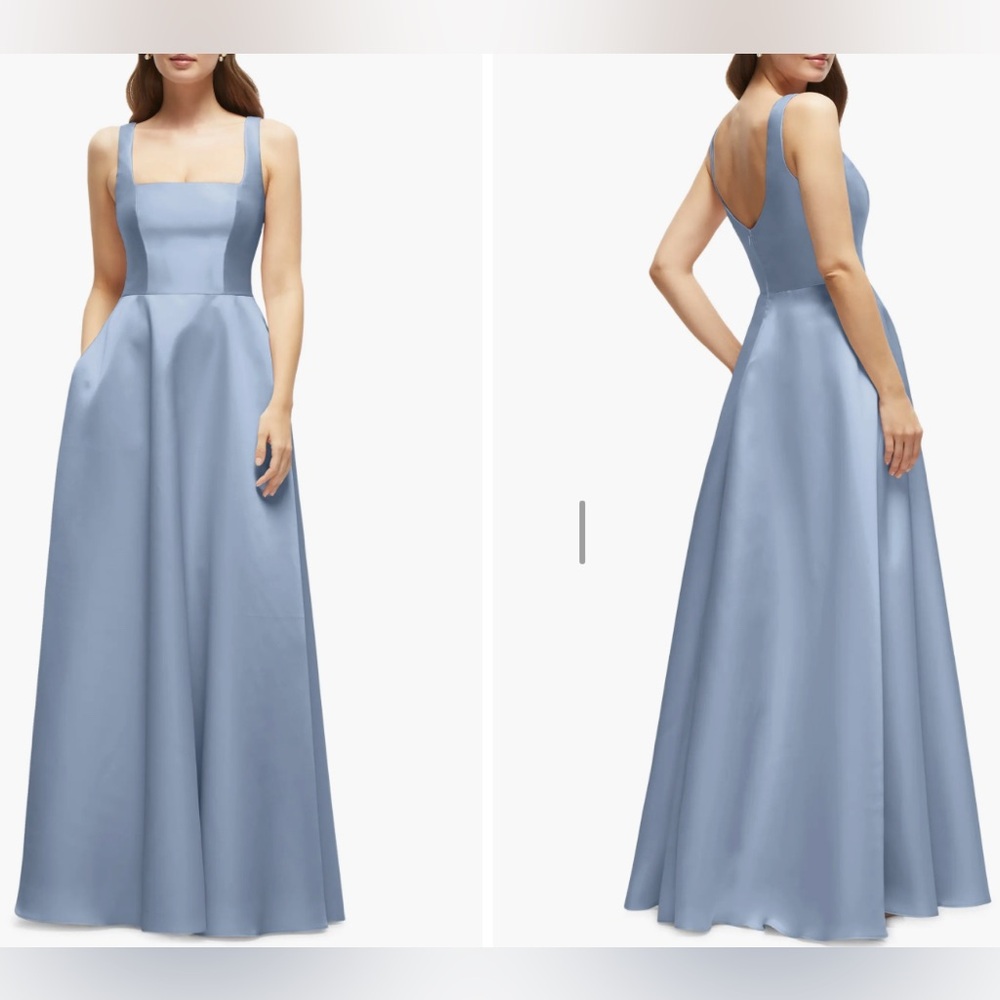 Dessy Collection Alfred Sung Square Neck Satin Maxi Dress/Gown. Sz 4. Cloudy.